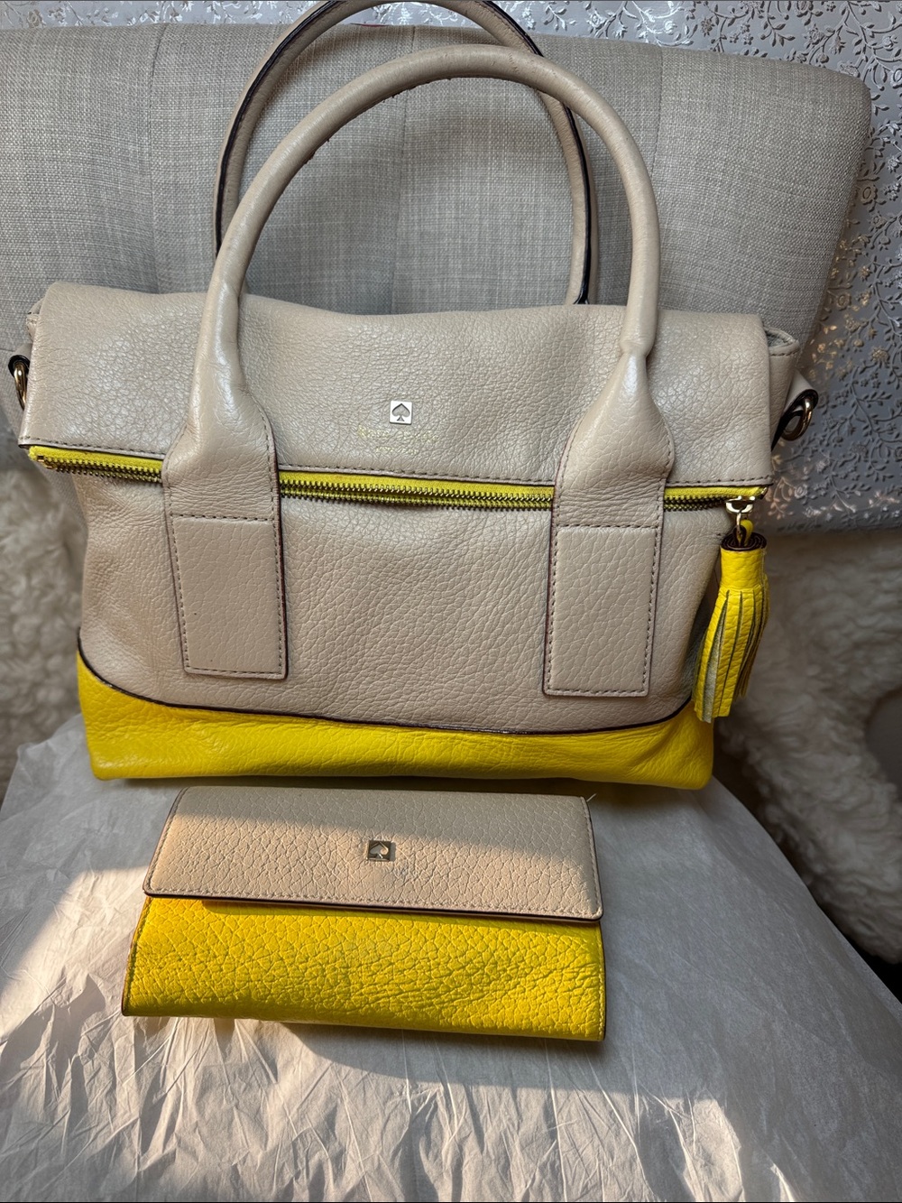 kate spade Cream and Yellow Leather Shoulder Bag with Tassel